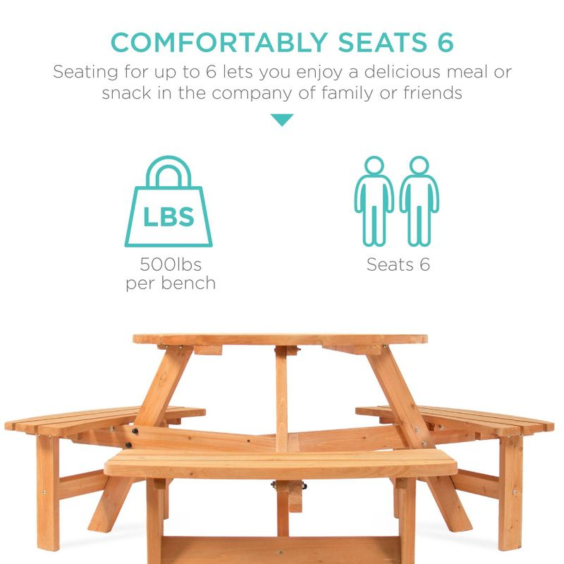 Best Choice Products 6-Person Circular Outdoor Wooden Picnic Table w/ 3 Built-In Benches, 500lb Capacity - Natural