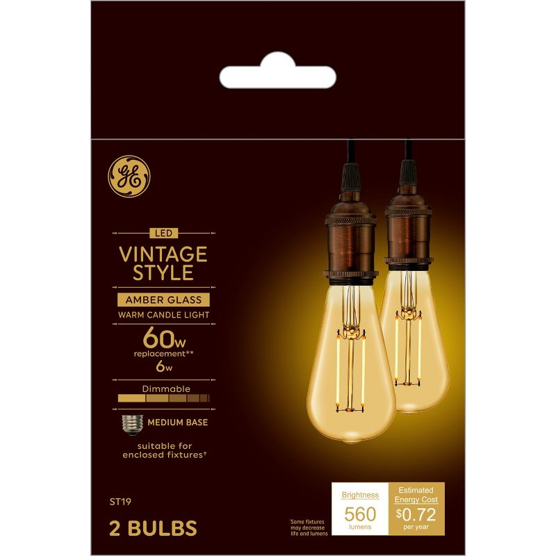 GE 2pk 60W Vintage Style ST19 LED Edison Light Bulbs Amber Glass: E26 Base, Dimmable, Warm Light, Antique Style