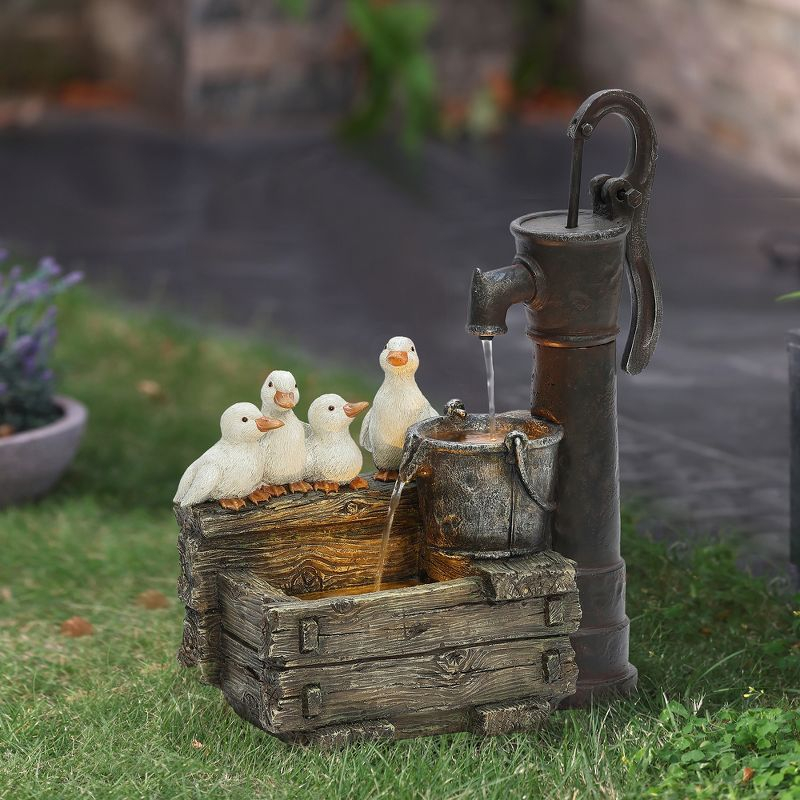LuxenHome Farmhouse Crate and Baby Ducks Resin Outdoor Fountain with Lights Brown