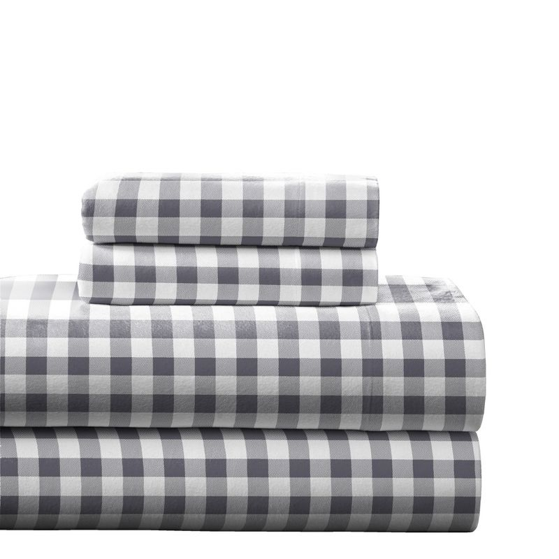 Pointehaven 180 GSM 100% Cotton Grey Checkerboard Printed Flannel Deep Pocket 4 pc Sheet Set, Full