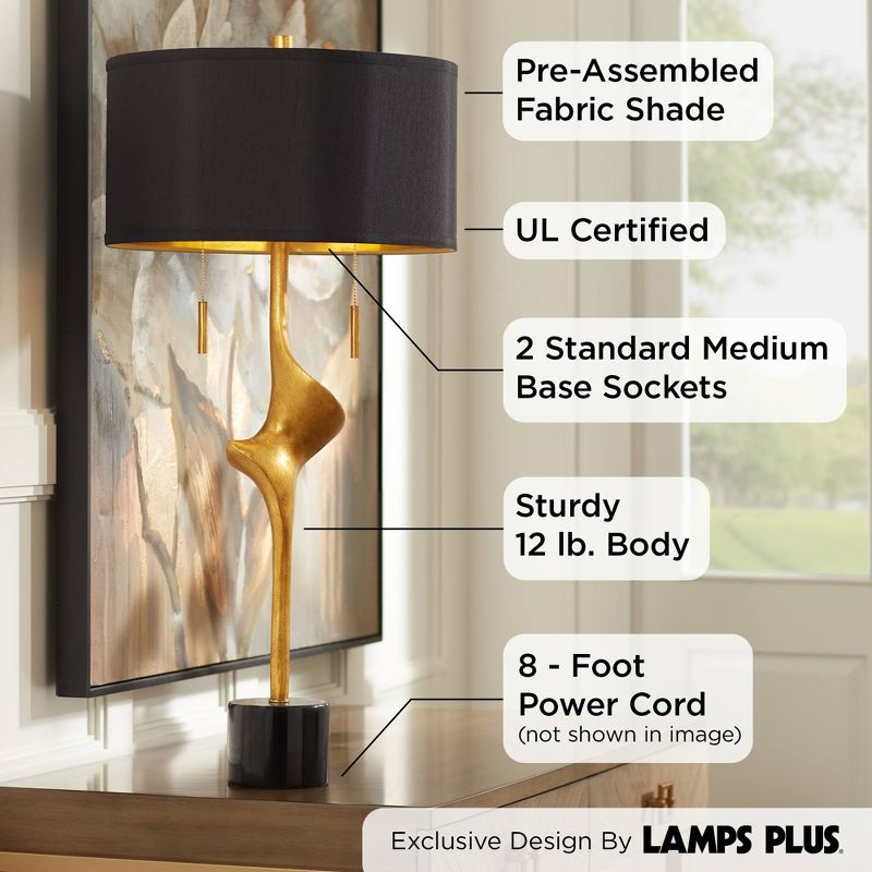 Possini Euro Design Athena Modern Buffet Table Lamp 35 1/2" Tall Sculptural Gold Leaf Black Drum Shade Bedroom Living Room Bedside Nightstand Office