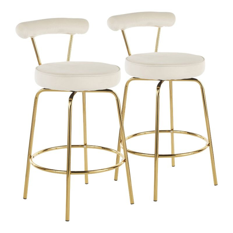 Set of 2 Rhonda Glam Counter Height Barstools Cream Velvet - LumiSource: Gold Finish, Metal Frame, Swivel Function