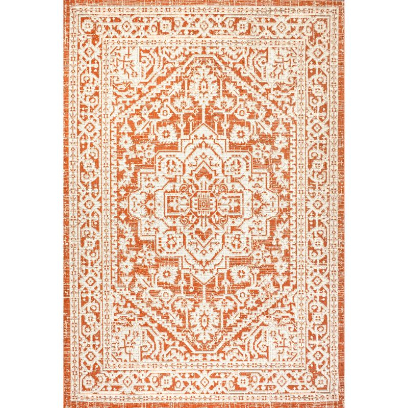 9' x 12' Sinjuri Medallion Textured Weave Indoor/Outdoor Area Rug, Orange/Cream - JONATHAN Y