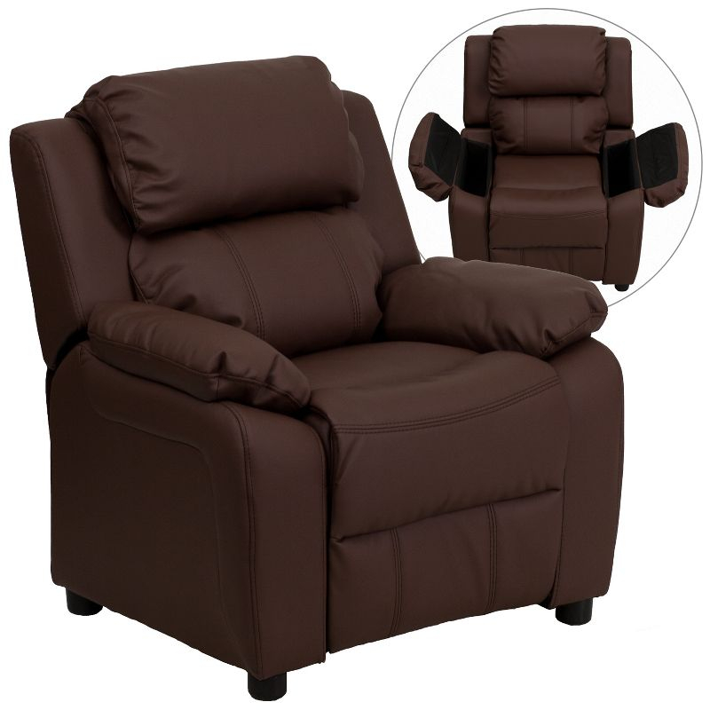 Emma and Oliver Deluxe Padded Brown LeatherSoft Kids Recliner with Storage Arms