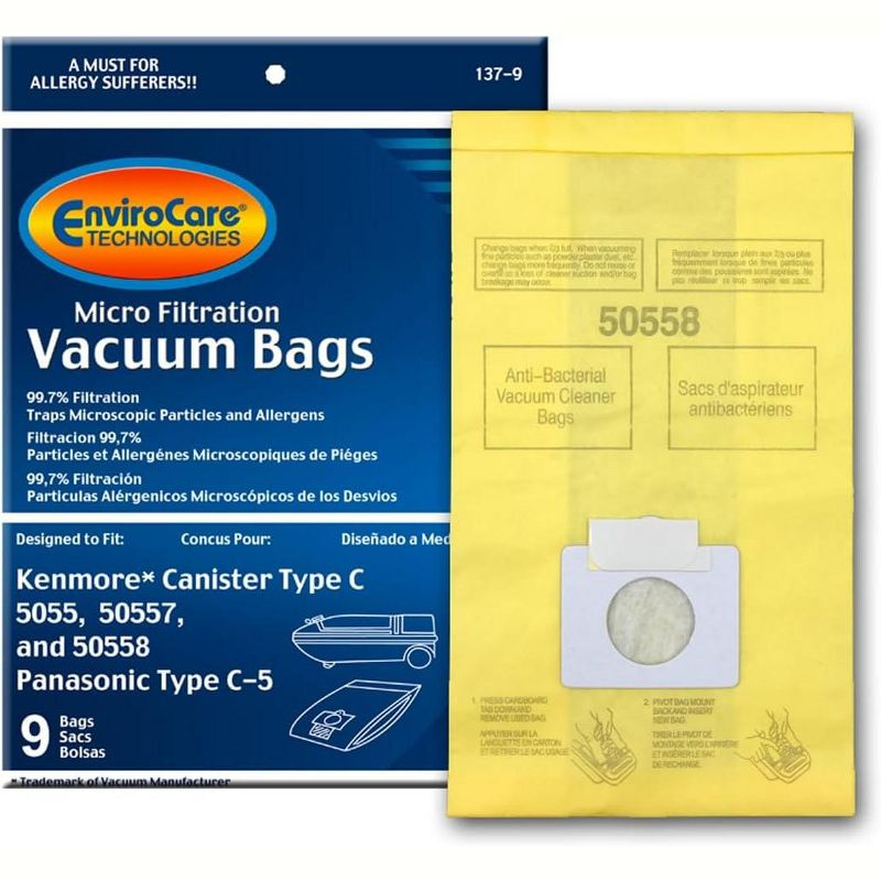 EnviroCare Replacement Micro Filtration Vacuum Cleaner Bags Made to fit Kenmore Canister Type C or Q 50555, 50558, 50557 and Panasonic Type C-5 9 Pack