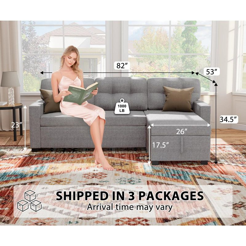 TIRAMISUBEST Reversible Sectional Sofa Couch with Sleeper Bed and Chaise Storage¨CLight Grey Linen Fabric, Pull-Out Couch for Living Room