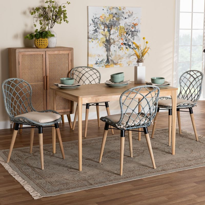 Baxton Studio Sabelle Modern Bohemian Light Blue Rattan and Natural Brown Finished Wood 5-Piece Dining Set