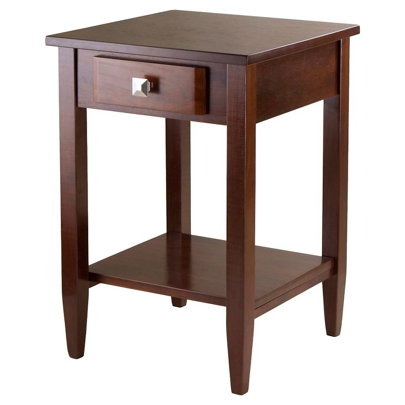 Richmond End Table with Tapered Leg Walnut Finish - Winsome: Modern Storage, Brushed-Chrome Knob, Hardwood
