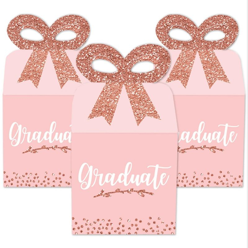 Big Dot of Happiness Rose Gold Grad - Square Favor Gift Boxes -  Graduation Party Bow Boxes - Set of 12