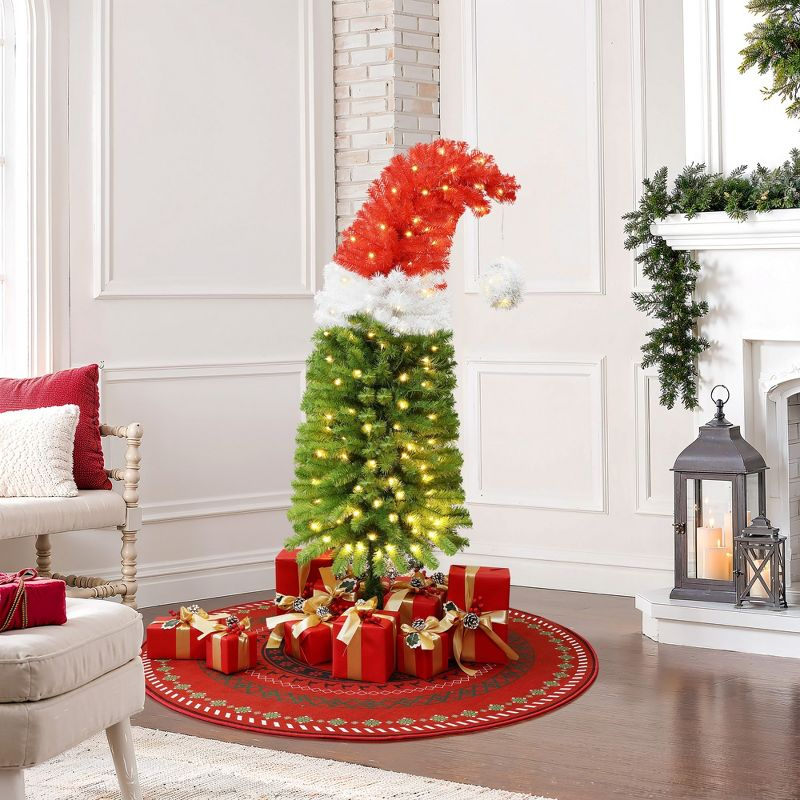 LuxenHome 5Ft Pre-Lit Artificial Tree with Santa Hat Treetop Multicolored