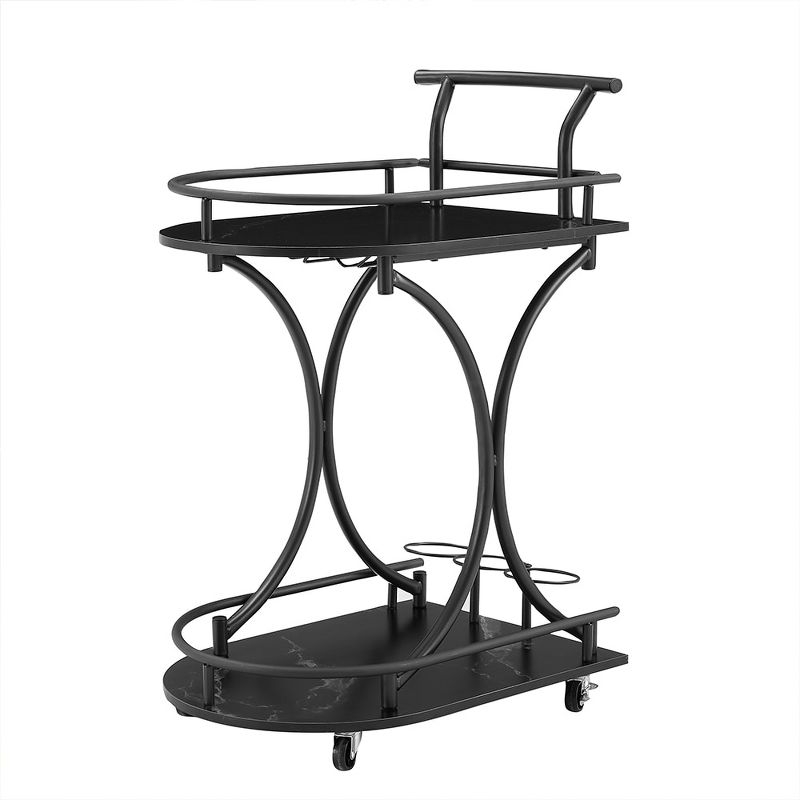 MaseiKar 2-Tier Bar Cart, Black Wine Cart with Wine Rack & Glass Holder, Mobile Bar Serving Cart for Home Party, Drink Trolley for Living Room