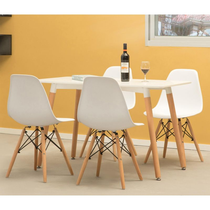 Fabulaxe Mid-Century Modern Style Plastic DSW Shell Dining Chair with Solid Beech Wooden Dowel Eiffel Legs, Set of 4 White