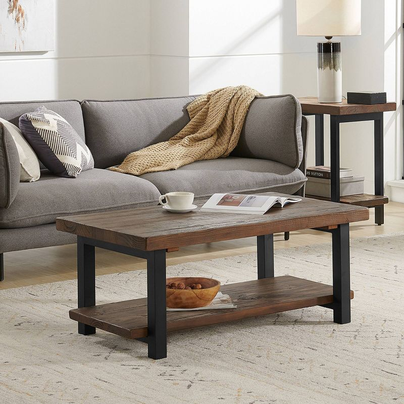 Alaterre Furniture 42" Pomona Wide Coffee Table Wood Rustic Natural: Fixed Shelf, Metal Frame, Living Room Furniture