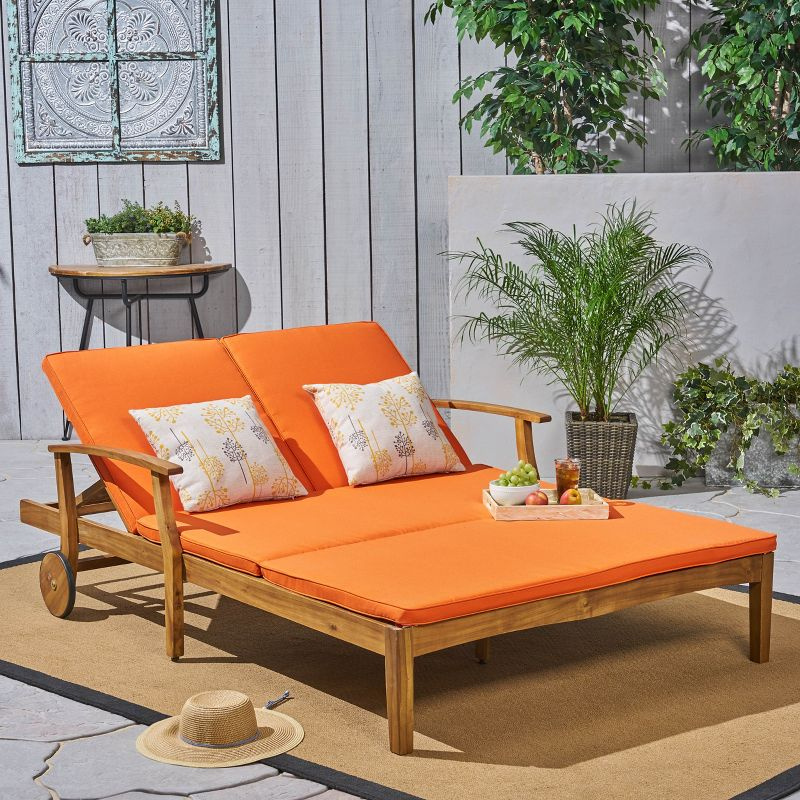 GDFStudio Abena Outdoor Acacia Wood Double Adjustable Chaise Lounge with Cushions, Teak/Orange