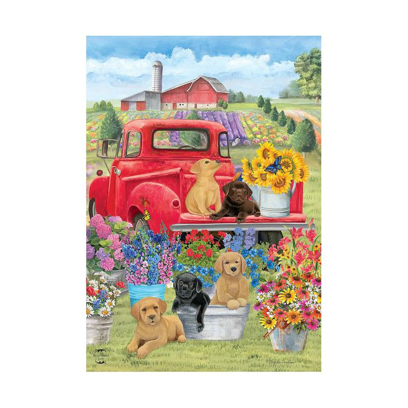 Spring Day Puppies House Flag Red Pickup Truck Floral 28" x 40" Briarwood Lane