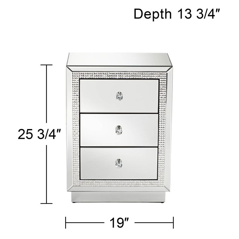 Studio 55D Biscaya Modern Mirrored Rectangular Accent Side End Table 19" x 13 3/4" with 3-Drawer Silver Crystal for Living Room Bedroom Bedside House
