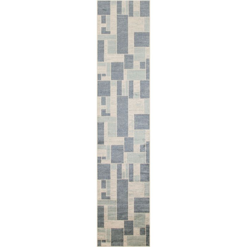 Nourison Astra Machine Washable Contemporary Color Block Indoor Rug Blue Ivory 2'2" x 10'