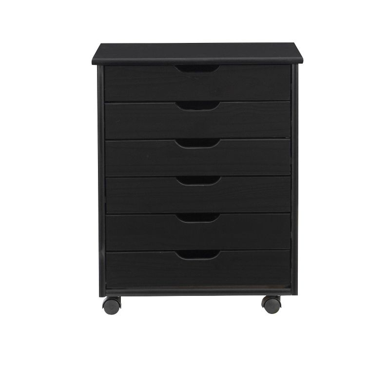 Cary Transitional 6 Drawer Solid Wood Contoured Handle Cut Out Wide Roll Cart Black - Linon: Pine Frame, Farmhouse Style, Portable Storage