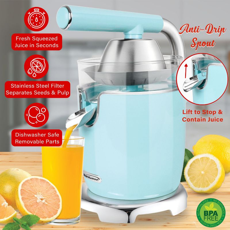 Brentwood 200-Watt 1-Speed Electric Citrus Juicer with 2 Cones and Stainless Steel Lever (Blue)