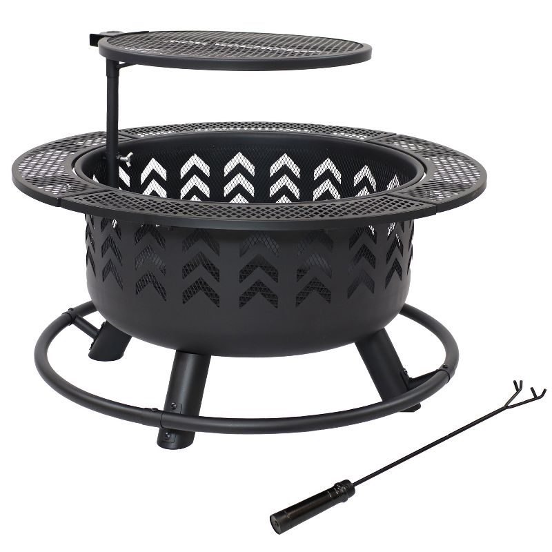 Sunnydaze Arrow Motif Heavy-Duty Steel Fire Pit with Cooking Grate, and PVC Cover - 32-Inch Round - Black
