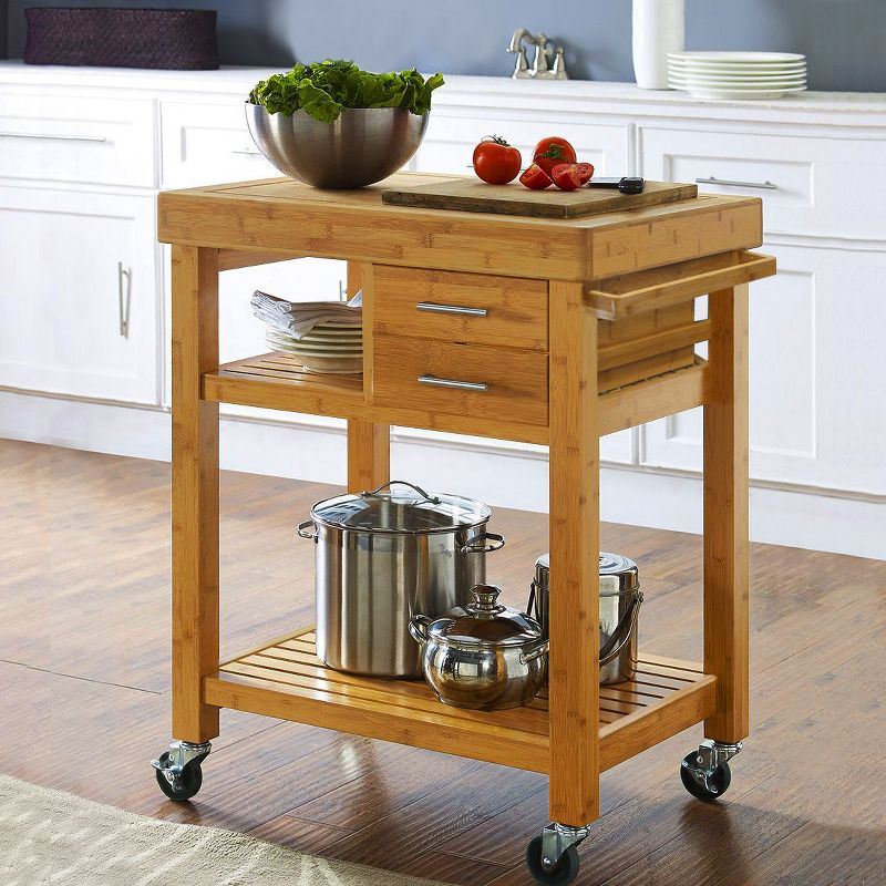Home Aesthetics Rolling Bamboo Kitchen Island Cart Food Prep Trolley, with Towel Rack Drawers
