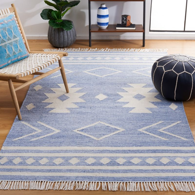 Kilim With Fringes KLM764 Flat weave Area Rug - Blue/Ivory - 5'x8' - Safavieh