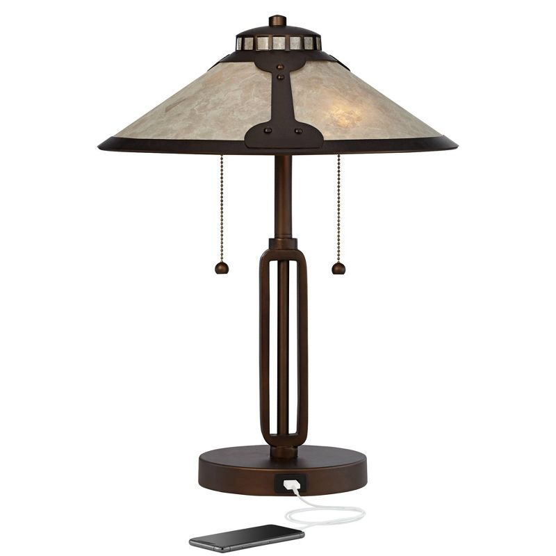 Franklin Iron Works Samuel Industrial Desk Lamp 20" High Rubbed Bronze with USB Charging Port Natural Mica Shade for Bedroom Living Room Bedside Desk