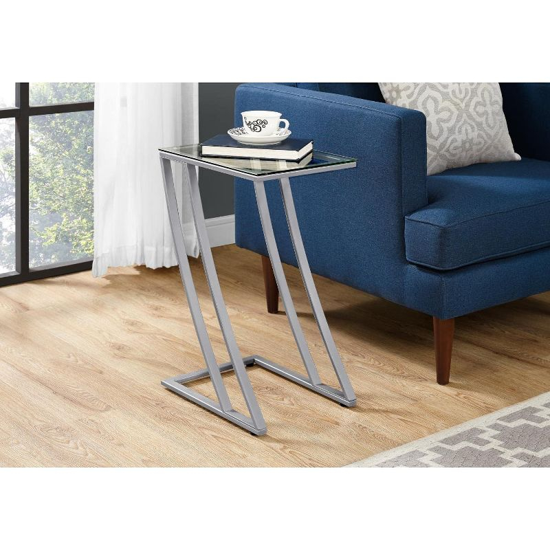 Monarch Specialties Accent Table C-Shaped End Side Snack Living Room Bedroom Metal Tempered Glass Grey Clear Contemporary Modern