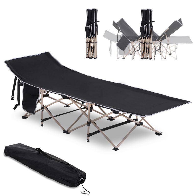Outsunny Folding Camping Cot for Adults with Carry Bags, Side Pockets, Outdoor Portable Sleeping Bed for Travel Camp Vocation, Black