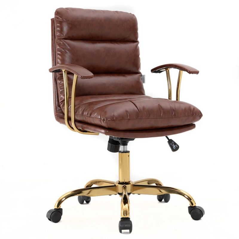 LeisureMod Regina Single Ergonomic Padded Leather Lumbar Support Adjustable Height Swivel Executive Office Chair with Gold Steel Frame