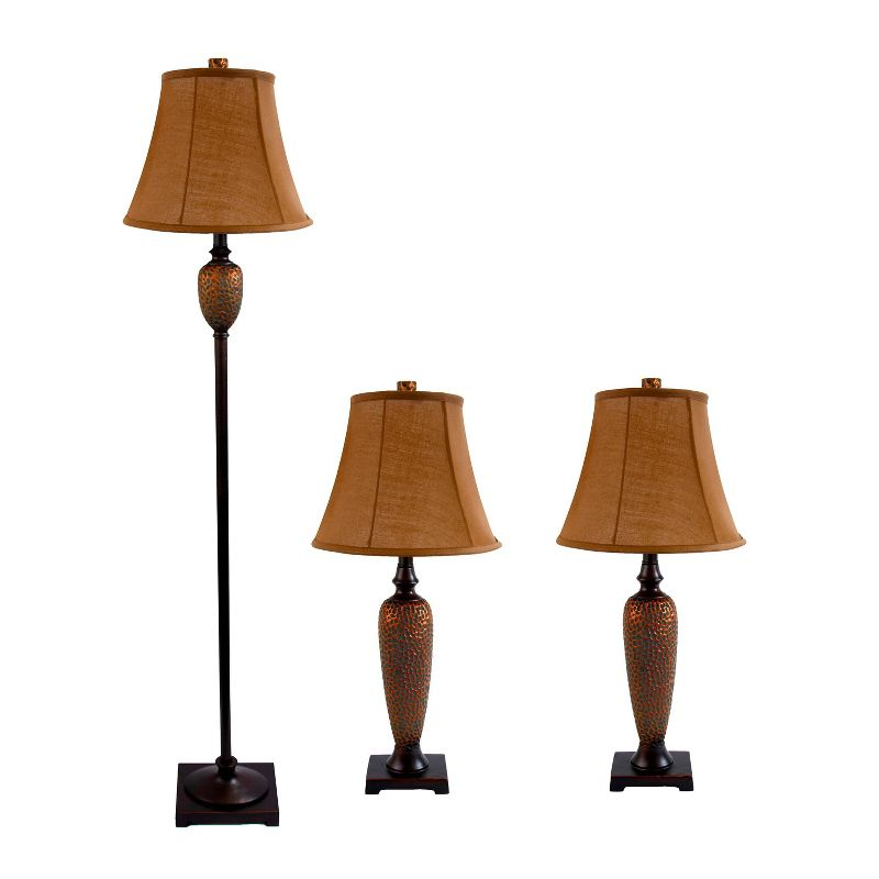 3pk Hammered Lamp Set (2 Table Lamps and 1 Floor Lamp) Bronze - Elegant Designs: UL Listed, Cotton Shades