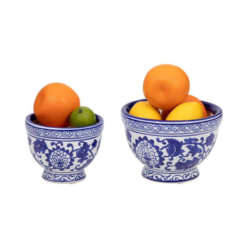 Sagebrook Home 2pc Bowl Chinoiserie Ceramic Indoor Outdoor Planter Pots Blue/White: Hand-Painted, Rust-Resistant