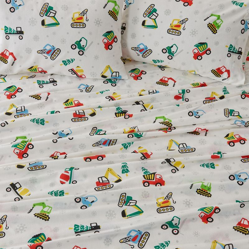 100% Cotton Christmas Flannel Sheets - Great Bay Home (Twin, Christmas Toy Trucks)