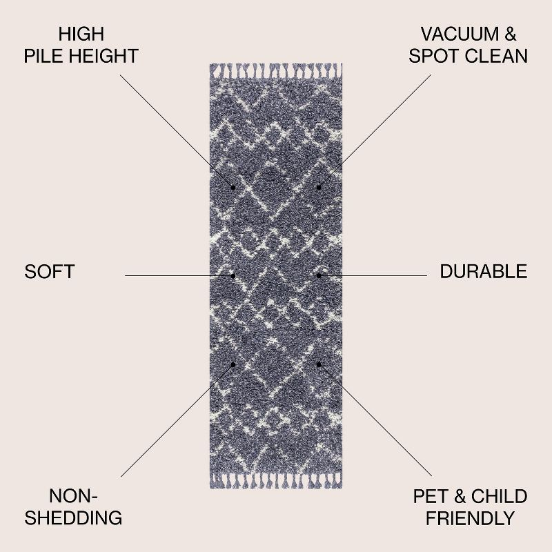 2'x8' Mercer Shag Plush Tassel Moroccan Geometric Trellis Area Rug, Denim/Cream - JONATHAN Y