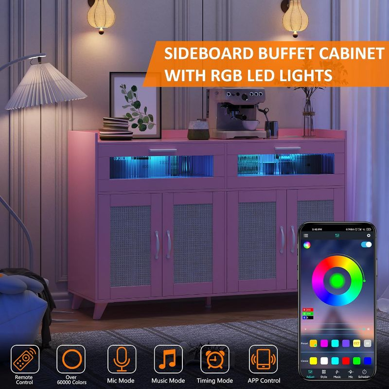 Garvee Sideboard Buffet Cabinet with Power Outlet & LED Light - Kitchen Storage Cabinet with 2 Fluted Acrylic Drawers & 4 Rattan Doors, Pink