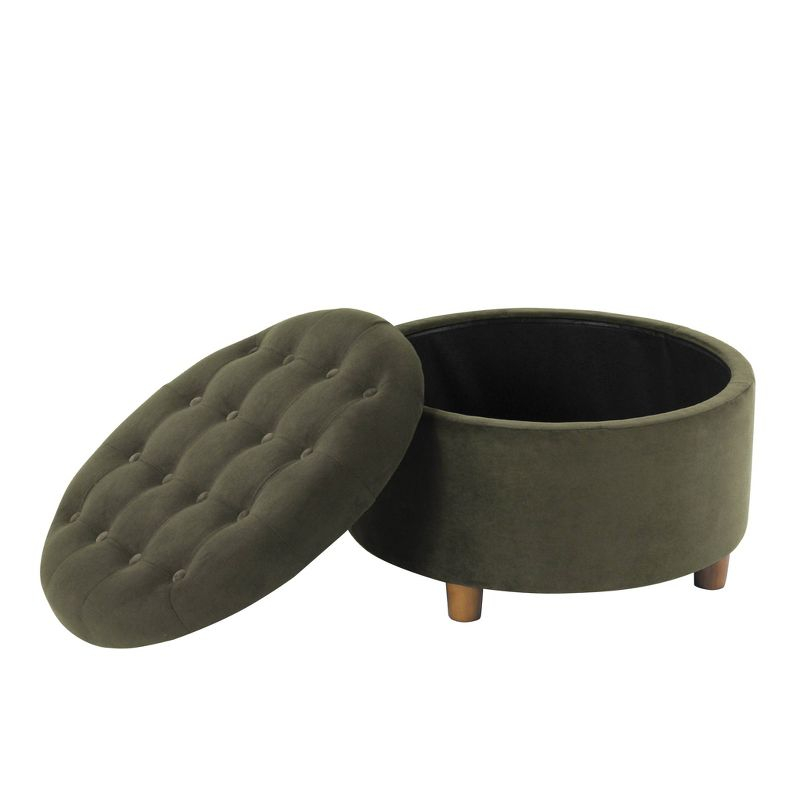 Tufted Round Storage Ottoman Loden Green Velvet - HomePop: Velvet Footstool, Honey Oak Legs, 250lb Capacity