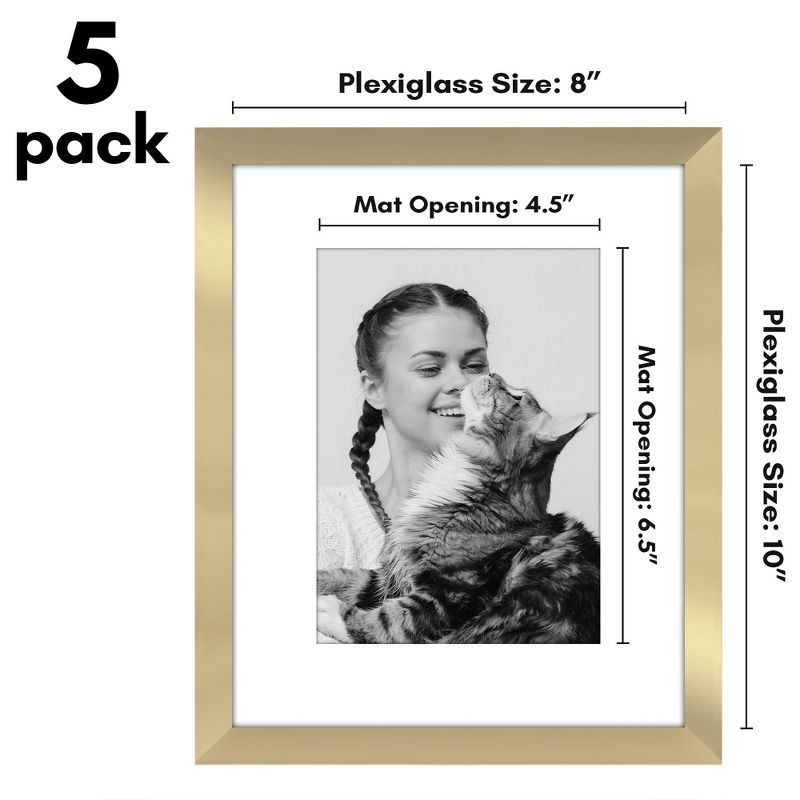 Americanflat 5 Pack of 8x10 Frames with 5x7 Mat - Plexiglass Cover - Gold