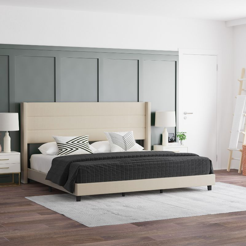 Emma and Oliver King Faux Linen Upholstered Platform Bed with Wingback Headboard - Beige