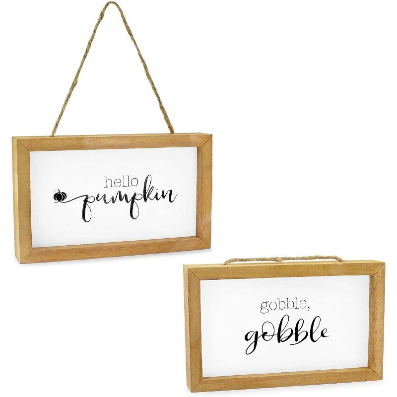 AuldHome Design 8.5x5" Farmhouse Decor Fall Theme Wood Signs 2pc Set; Mini Welcome Seasonal Plaques Pumpkin