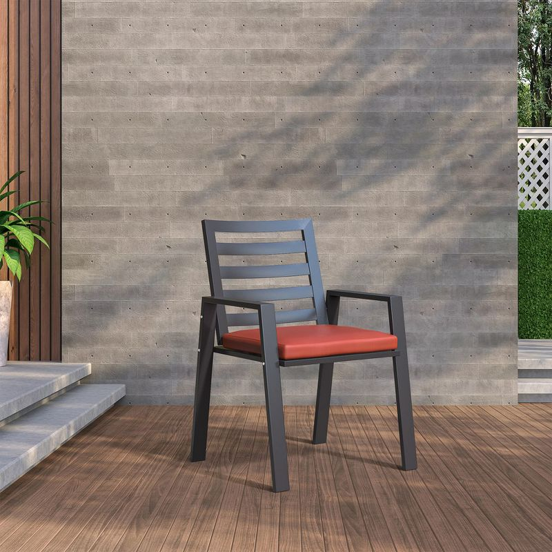 LeisureMod Chelsea Modern Patio Dining Armchair in Aluminum with Removable Cushions Set of 2 in Cherry Red