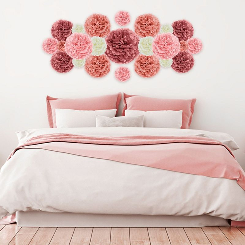 EpiqueOne 20 Piece Tissue Paper Pom Poms Party Kit - Colorful Paper Flower Wall Decorations - Pink Rose