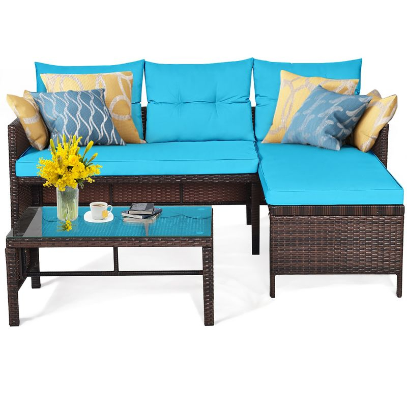Costway 3PCS Patio Wicker Rattan Sofa Set Outdoor Sectional Conversation Set Turquoise