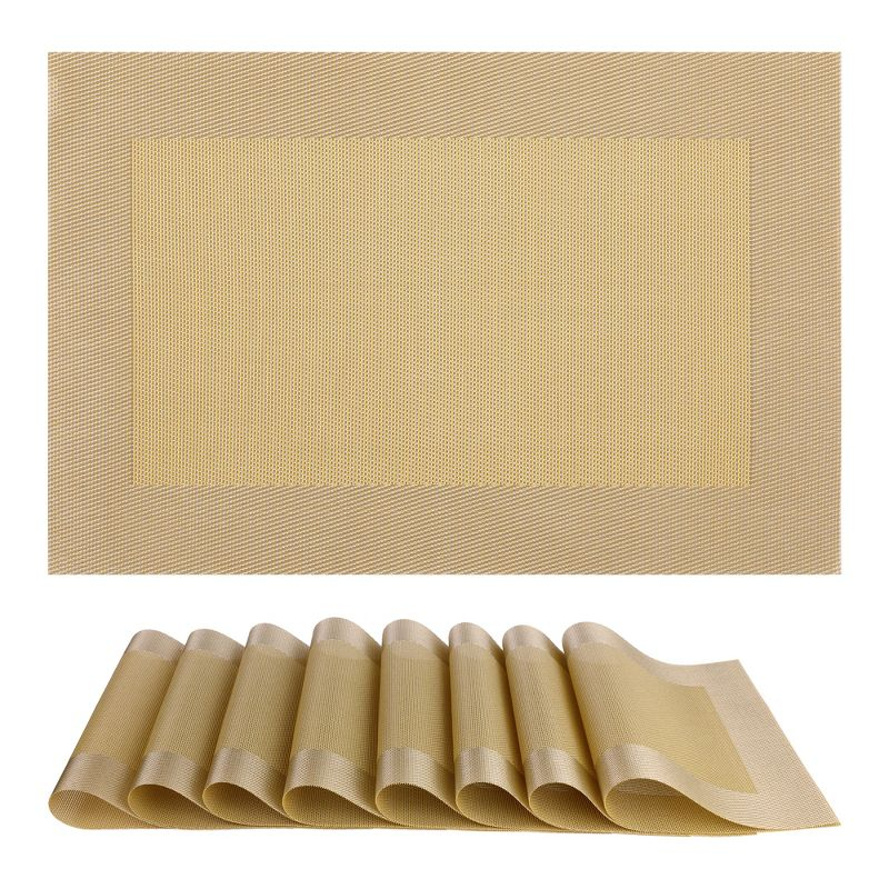 REGALWOVEN Kitchen Dining Table Decoration Washable Heat Resistant Wipeable PVC Placemats 8 Pcs Gold