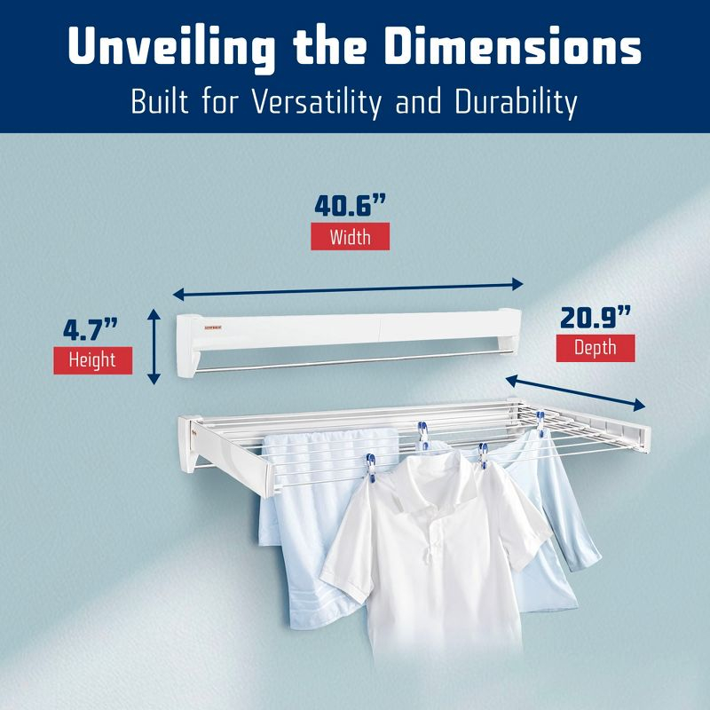 Leifheit Telefix 100 Wall-Mounted Retractable Clothes Drying Rack with 8 Rods, 26 ft. of Drying Space & Sleek Design for Laundry or Dorm Rooms, White