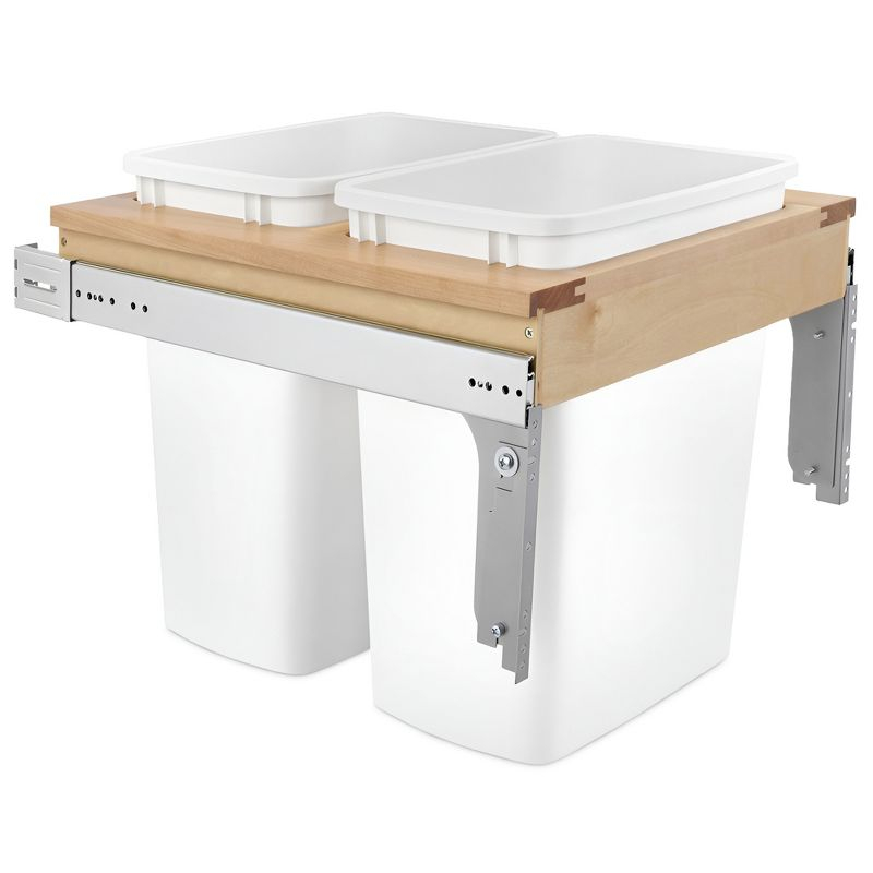 Rev-A-Shelf Double Pullout Trash Can for Base Kitchen/ Bathroom Cabinets, 35 Qt Wood Top Mount Garbage Bin, 18" x 1.5" Face-Frame, White, 4WCTM-21DM2