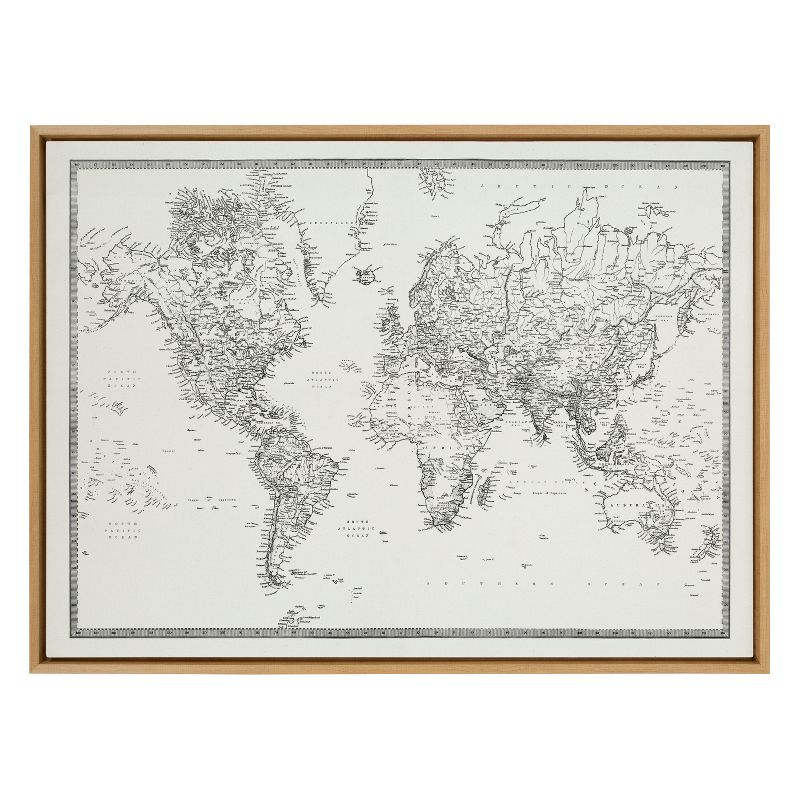 31.5" x 41.5" Sylvie World Map Framed Canvas by Creative Bunch Natural - Kate & Laurel All Things Decor: Horizontal Layout