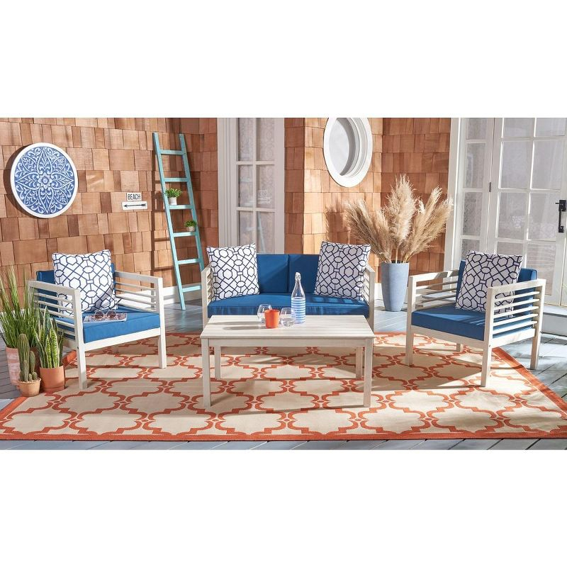 Alda 4 Piece Patio Outdoor Conversation Set With Accent Pillows - White/Navy/White - Safavieh