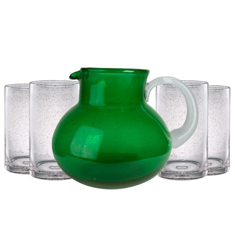 Artland Iris 90oz Hand Blown Green Pitcher & Set of 4 17oz Clear Highball Glasses, Unique Bubble Design, Lead-Free Glass for Serving Beverages