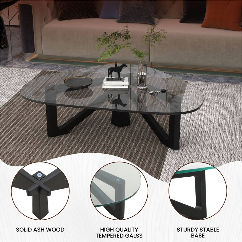 LeisureMod Imperial Collection Triangular Glass Top Coffee Table with Glossy Ash Wood Base for Home, Living Room, Office