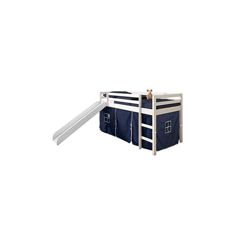 Donco Kids Low Loft Bed with Slide and Blue Tent, Twin, White